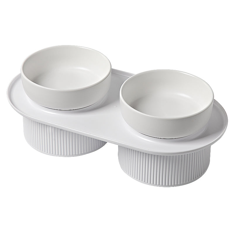 Pre Order - Ribbed Ceramic Double Pet Bowl 3pc Set - White-0