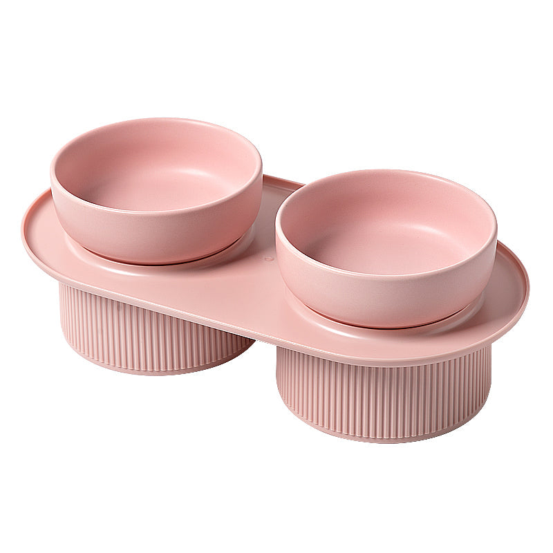 Pre Order - Ribbed Ceramic Double Pet Bowl 3pc Set - Pink-0