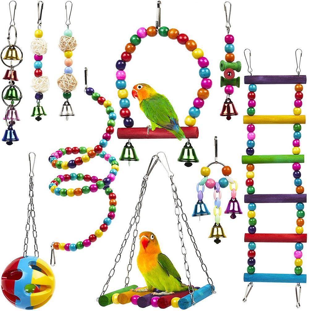 10-Piece Parrot Playtime Paradise: Wooden Bead Rotating Ladder, Swing Stand, And Chew Toy Set-5