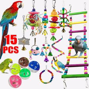 10-Piece Parrot Playtime Paradise: Wooden Bead Rotating Ladder, Swing Stand, And Chew Toy Set-2