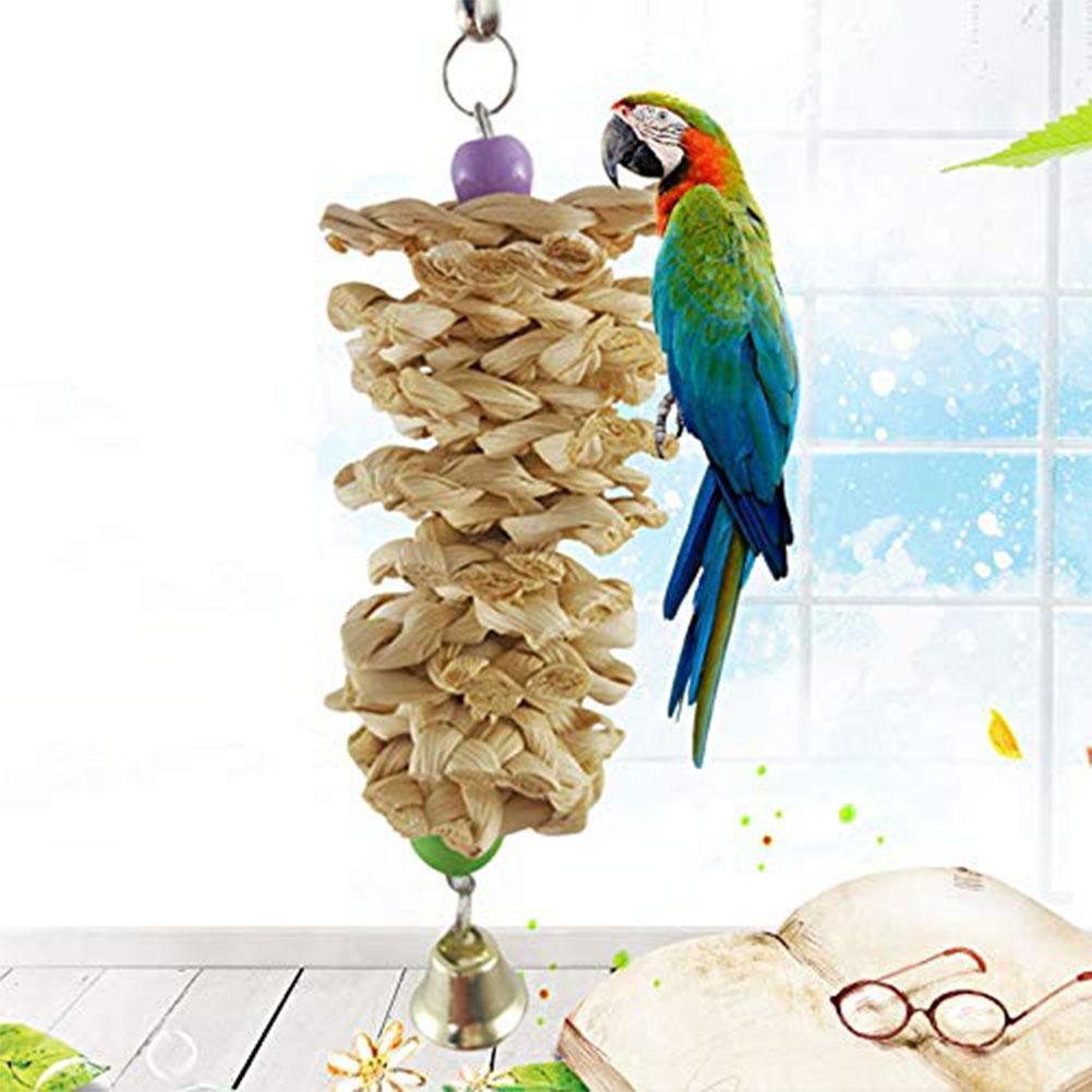 Natural Grass Bird Parrot Toy With Bell - Interactive Hanging Cage Toy For Bored Parrots-2