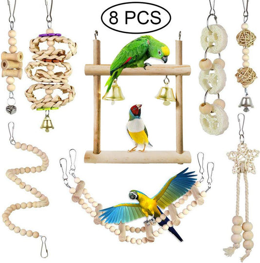 Wooden Parrot Chewing Toy Set - 8-Piece Bird Toy Log Swing Collection-1