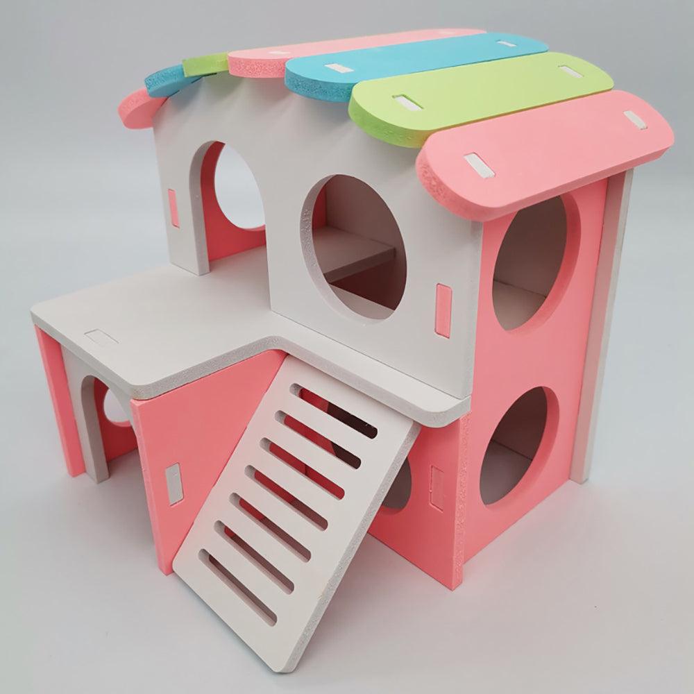 Colorful Double-Storey Hamster Sleeping Nest: A Stylish Wooden Villa Toy For Small Pets-2