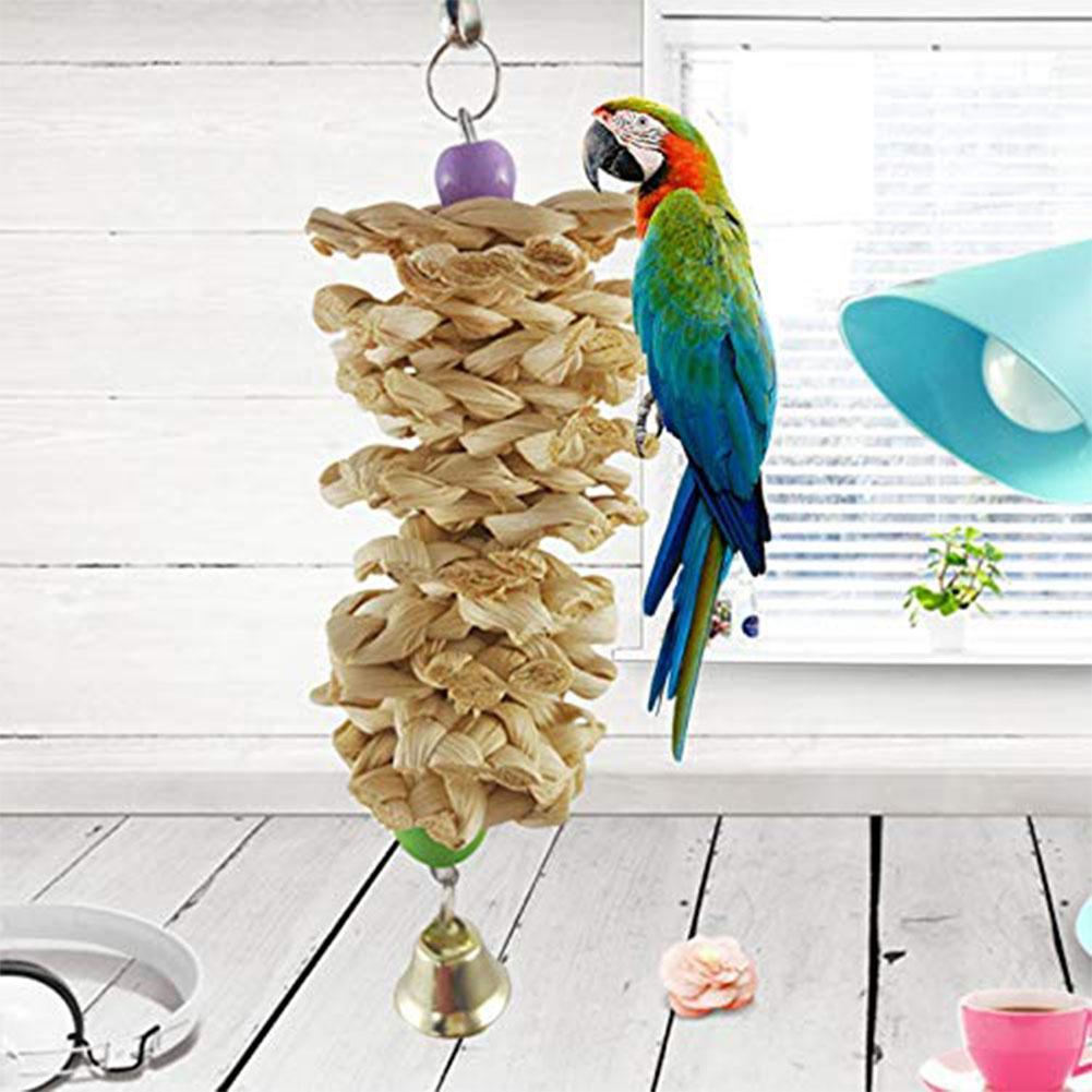 Natural Grass Bird Parrot Toy With Bell - Interactive Hanging Cage Toy For Bored Parrots-3