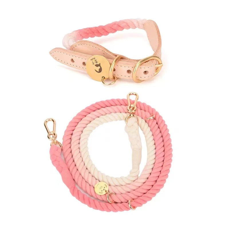 Hands Free Rope Leash and Luxe Royal Leather Collar Bundle - Strawberry Love-0