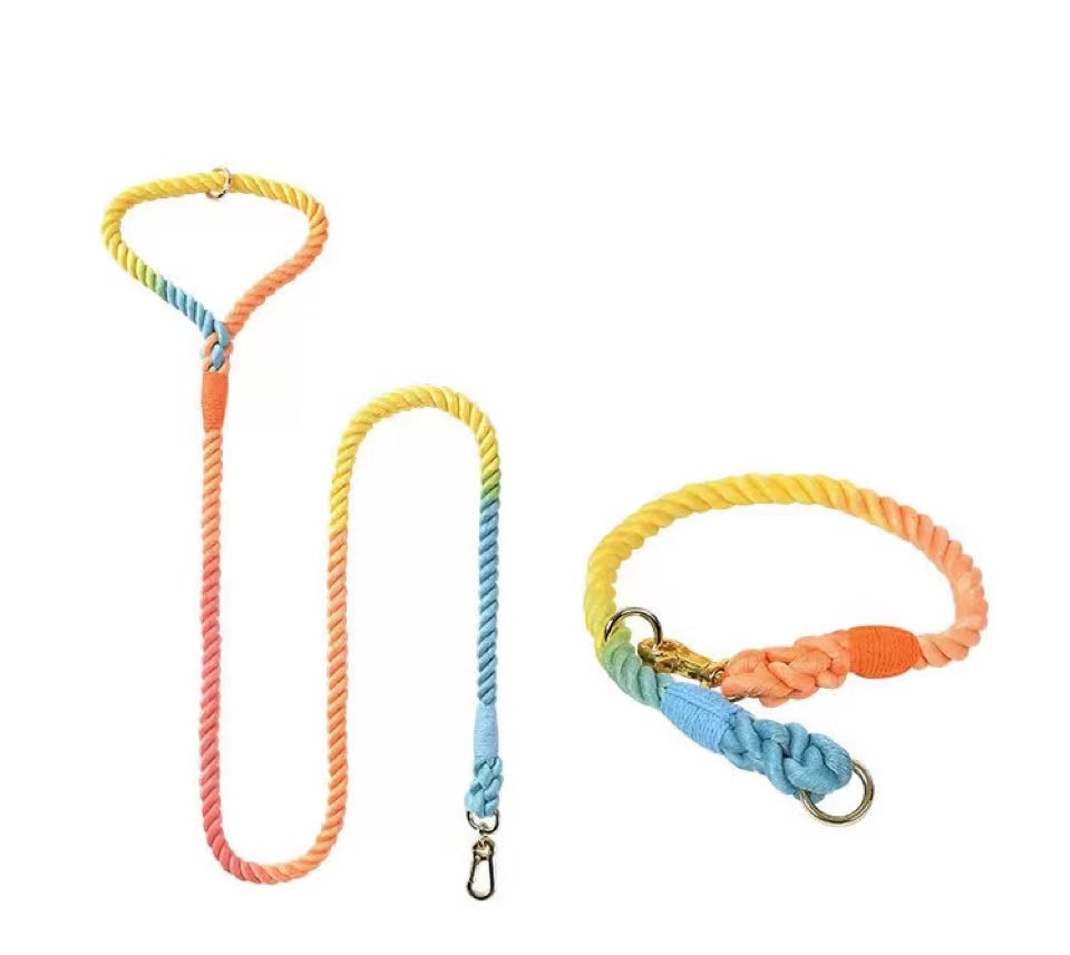 Dog Rope Leash and Collar Set - Classic Rainbow-0