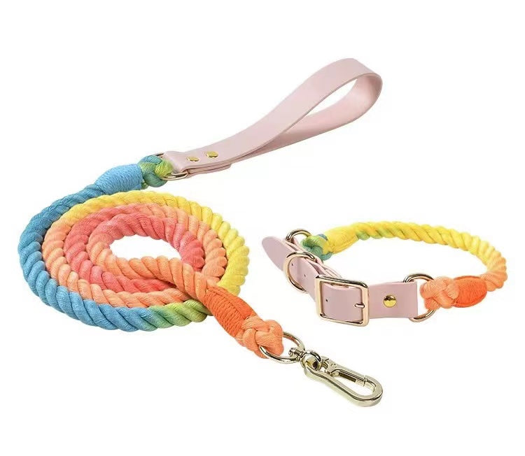 Luxe Royal Leather Rope Leash and Collar Set - Classic Rainbow-0