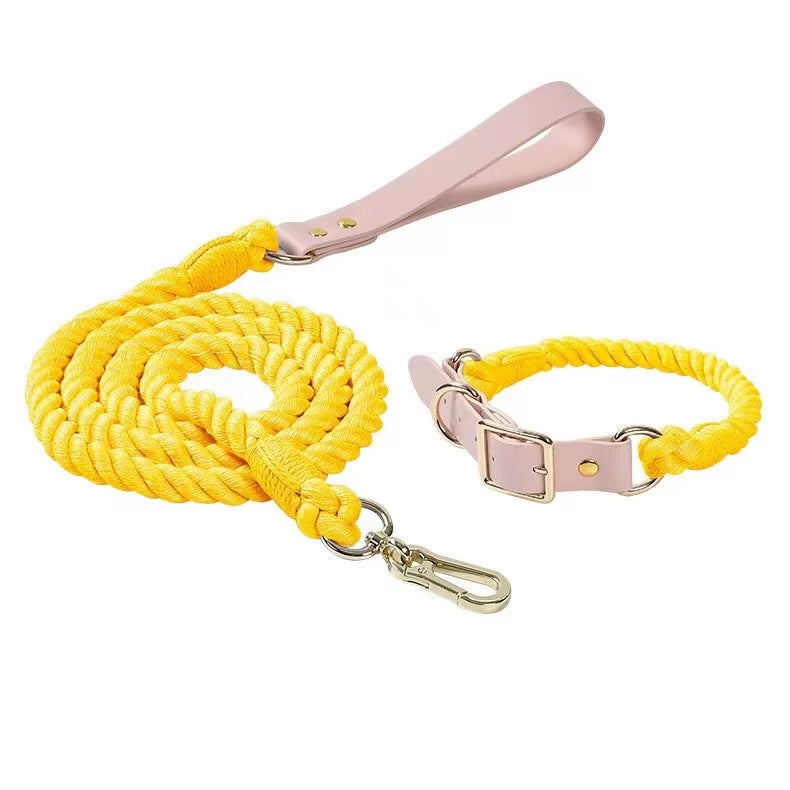 Luxe Royal Leather Rope Leash and Collar Set - Lemon Squeeze-0