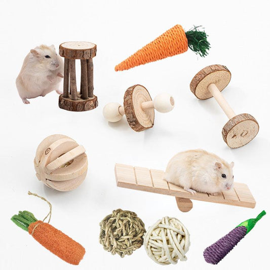 Natural Wood Pet Toy Set: Interactive Playtime Fun For Hamsters, Rabbits, Guinea Pigs, Parrots, Cats, And Dogs-0