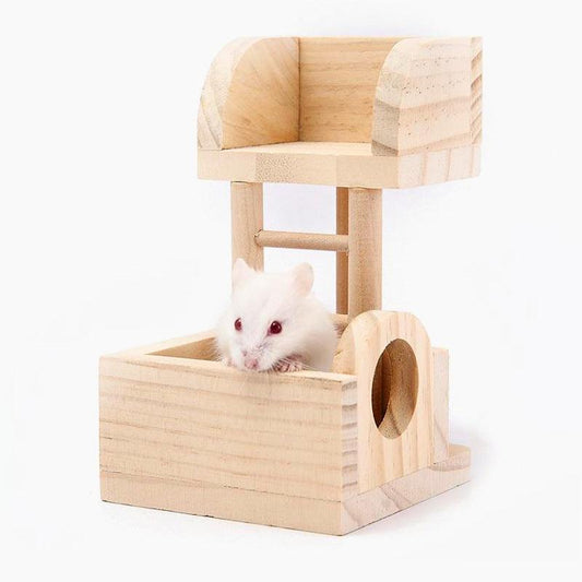 Wooden Hamster Lookout Tower - Small Pet Toy Stairs And Nest House Cage Villa Building Ladder-0