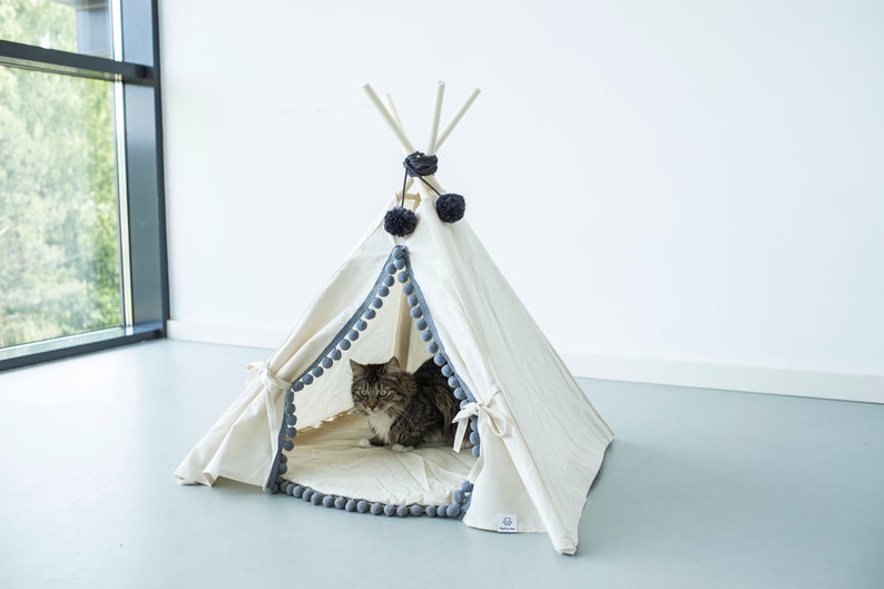 Natural Canvas Cotton Pom Pom Pet Teepee in Cream & Grey-2