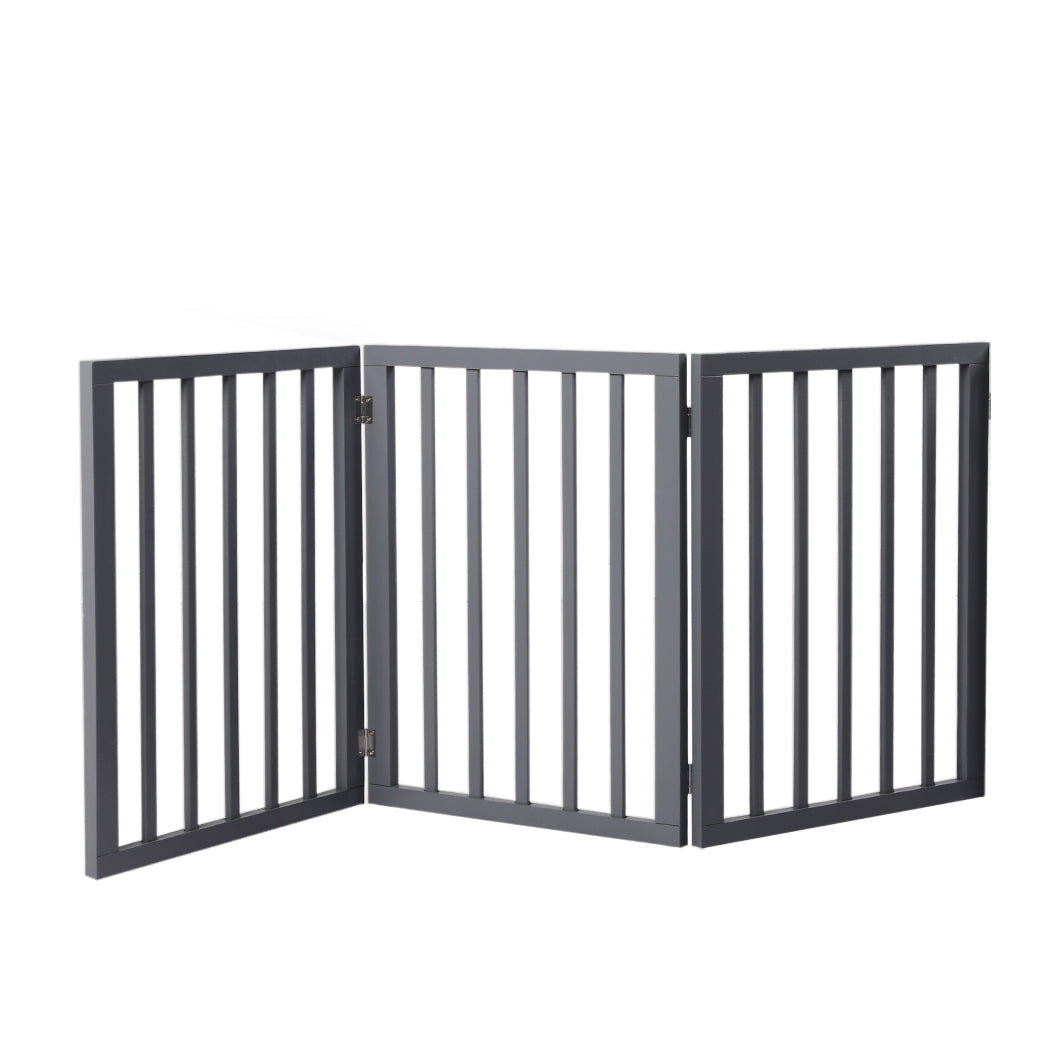 Retractable Barrier Wooden Pet Gate Dog Fence 3 Panel Grey-0