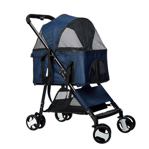 Large Travel Foldable Pushchair Pet Stroller 3 in 1 -  Blue-0