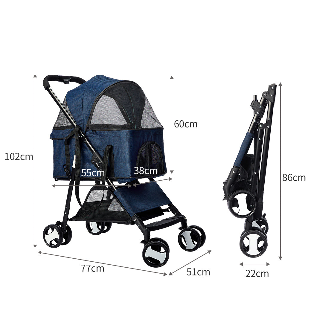 Large Travel Foldable Pushchair Pet Stroller 3 in 1 -  Blue-2