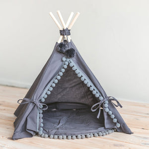 Pom Pom Teepee With Mat in Grey-0