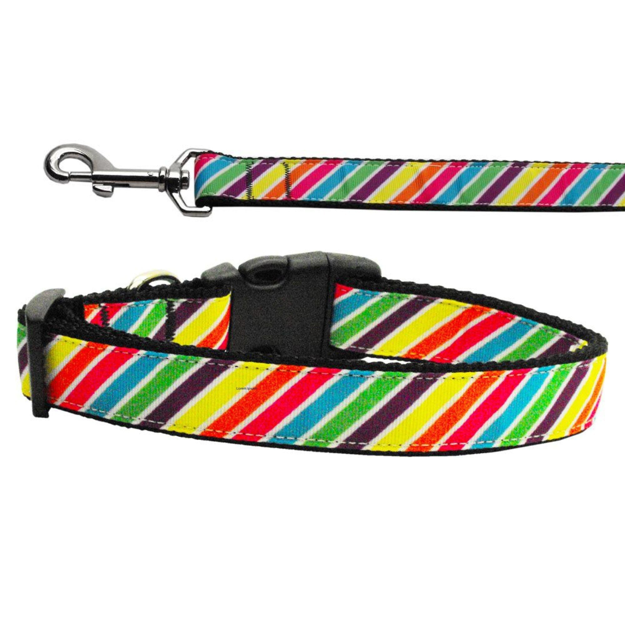 Pet Dog & Cat Nylon Collar or Leash, "Striped Rainbow"-0