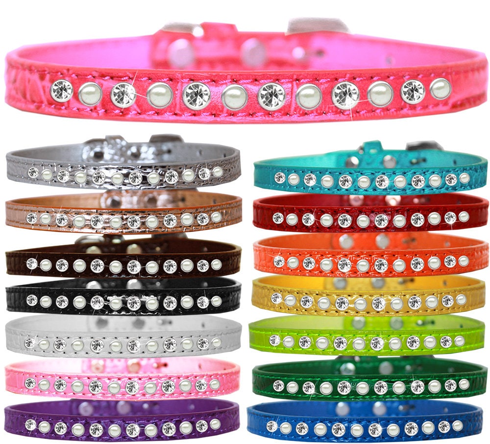 Dog, Puppy and Pet Designer Croc Collar, "One Row Pearl & Clear Crystals Rimsets"-0