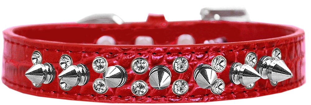 Dog, Puppy and Pet Designer Croc Collar, "Double Crystal & Silver Spikes"-12