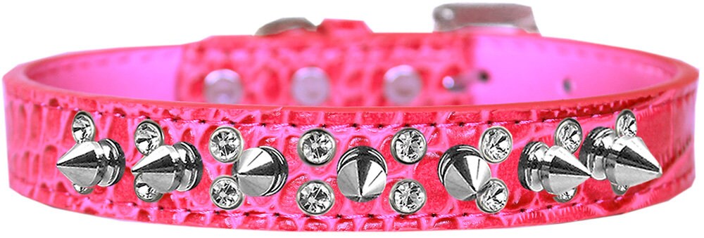 Dog, Puppy and Pet Designer Croc Collar, "Double Crystal & Silver Spikes"-5