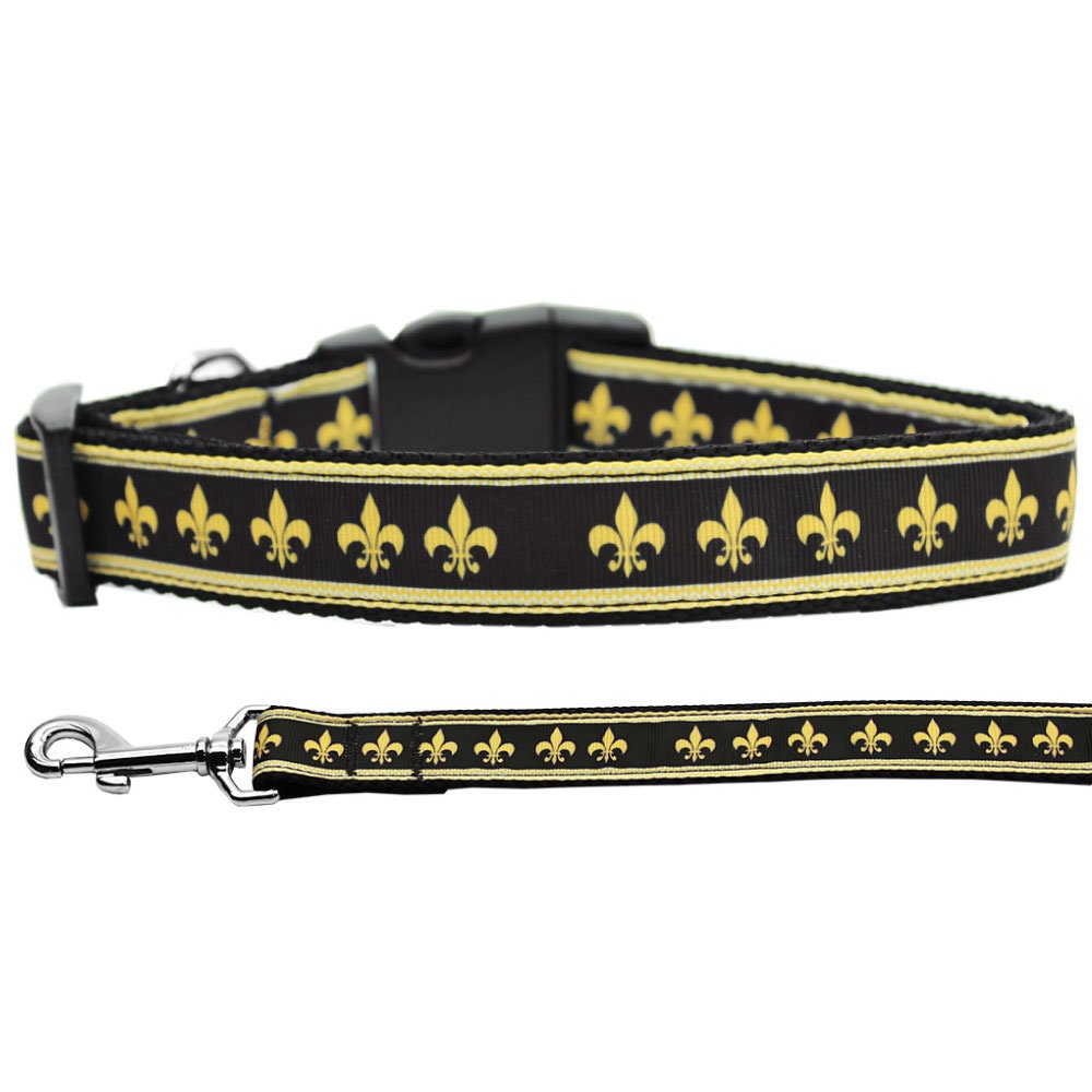 Pet Dog and Cat Nylon Collar or Leash, "Black & Gold Fleur De Lis"-0