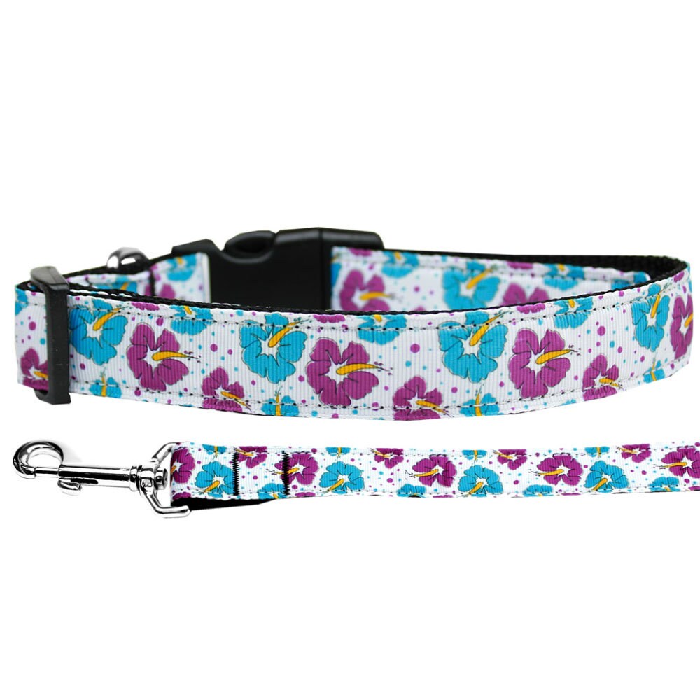 Pet Dog and Cat Nylon Collar or Leash, "Blue & Purple Hibiscus Flowers"-0