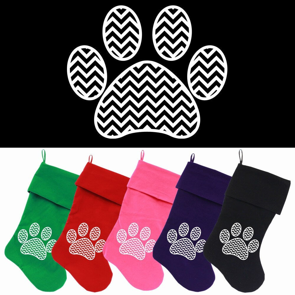 Velvet Christmas Stocking Screen Printed, "Chevron Paw"-0