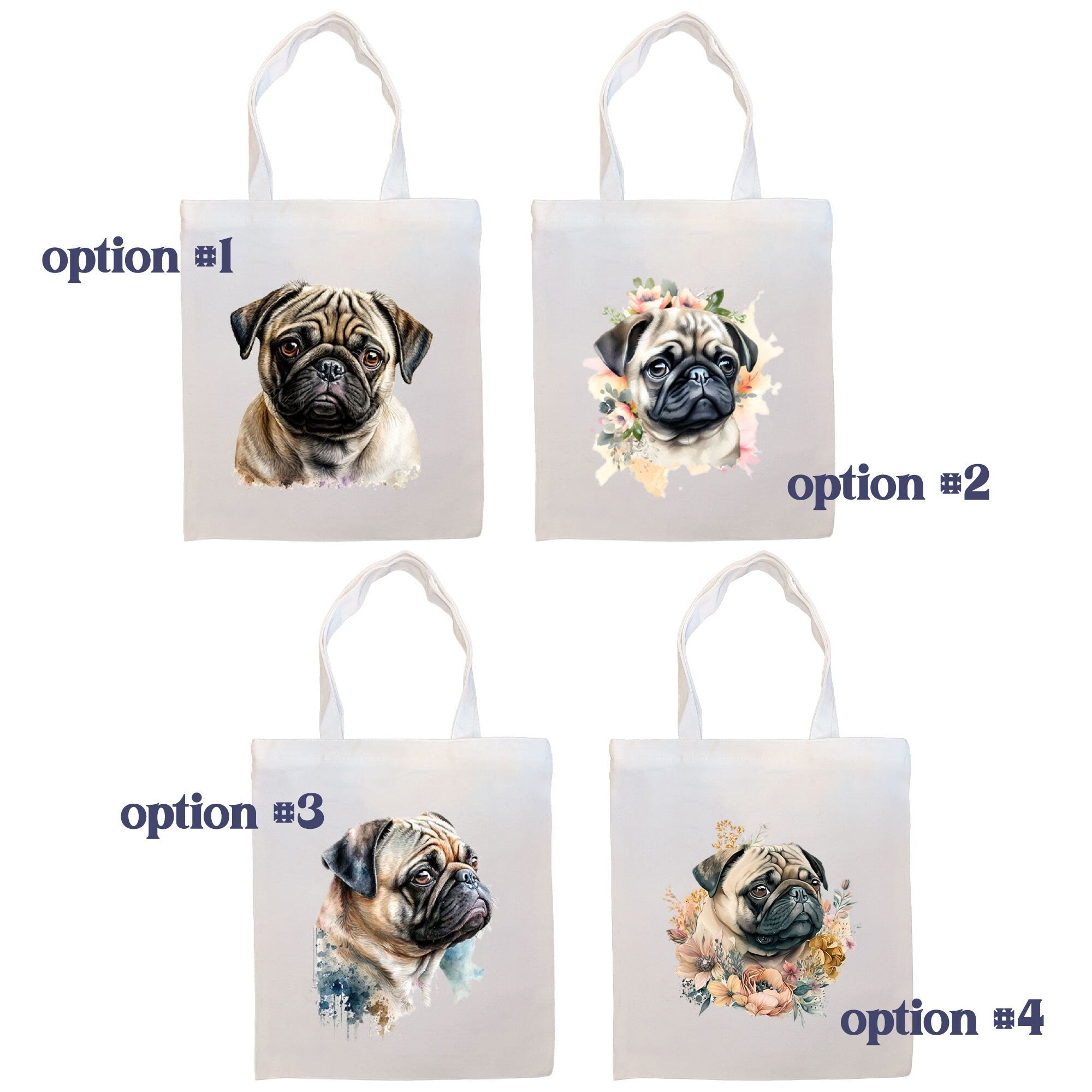 Canvas Tote Bag, Zippered With Handles & Inner Pocket, "Pug"-1