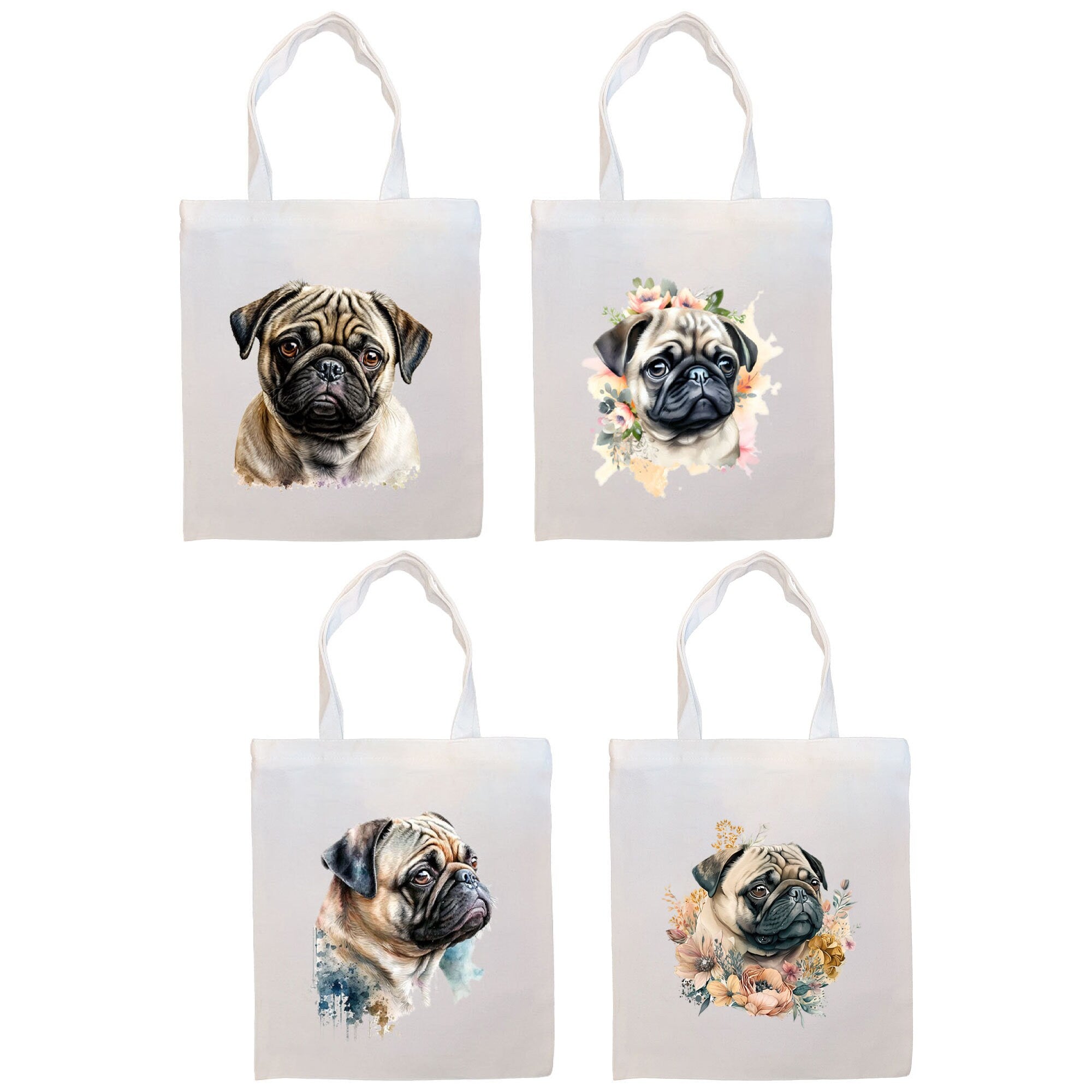 Canvas Tote Bag, Zippered With Handles & Inner Pocket, "Pug"-0