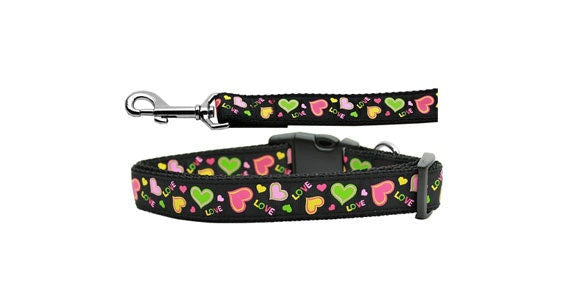 Pet Dog & Cat Nylon Collar or Leash, "Neon Love"-0