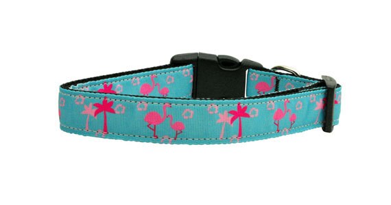 Pet Dog & Cat Nylon Collar or Leash, "Pink Flamingos"-2