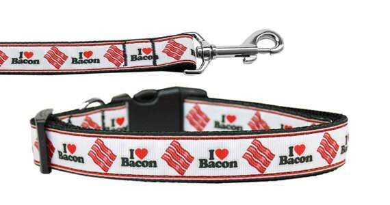 Pet Dog & Cat Nylon Collar or Leash, "I Love Bacon"-0