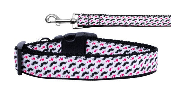 Pet Dog & Cat Nylon Collar or Leash, "Moustache Love"-0