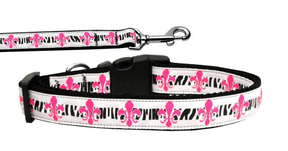 Pet Dog & Cat Nylon Collar or Leash, "Pink Fleur De Lis"-0