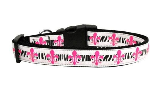 Pet Dog & Cat Nylon Collar or Leash, "Pink Fleur De Lis"-2