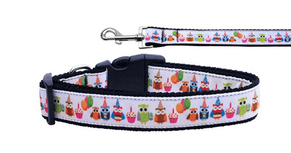 Pet Dog & Cat Nylon Collar or Leash, "Party Owls"-0