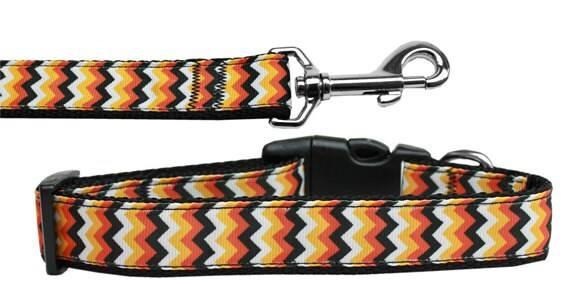 Halloween Pet Dog & Cat Nylon Collar or Leash, "Pumpkin Chevrons"-0