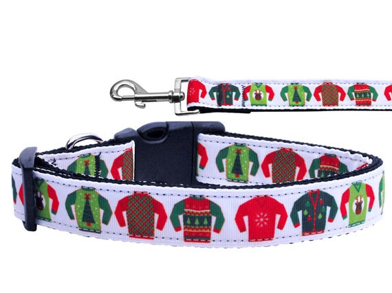 Christmas Pet Dog & Cat Nylon Collar or Leash, "Ugly Sweater"-0