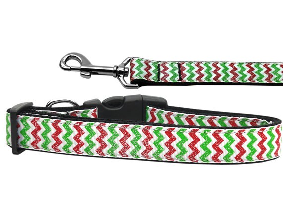 Christmas Pet Dog & Cat Nylon Collar or Leash, "Christmas Sparkle Chevron"-0