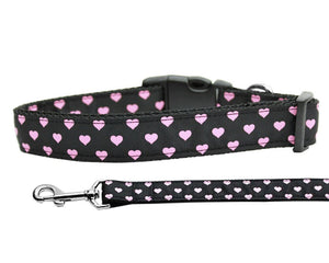 Pet Dog and Cat Nylon Collar or Leash, "Pink & Black Dotty Hearts"-0