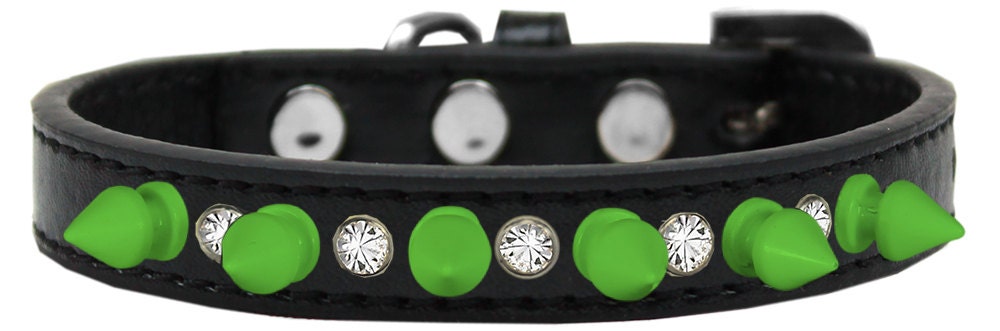 Pet and Dog Spike Collar, "Clear Crystals & Neon Green Spikes”-4