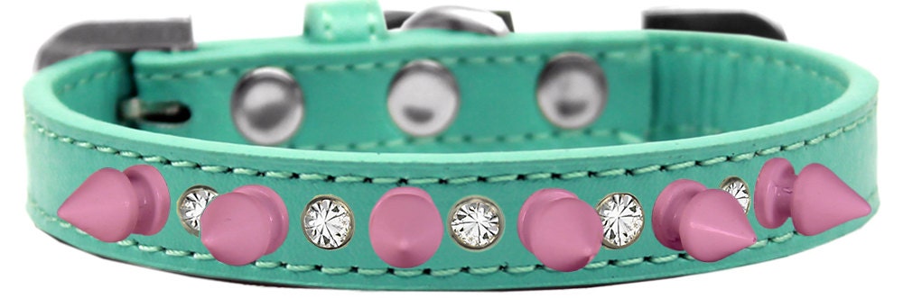 Pet and Dog Spike Collar, "Clear Crystals & Light Pink Spikes”-4