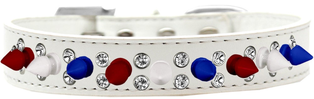 Pet and Dog Spike Collar, "Double Crystal & Red, White and Blue Spikes"-2