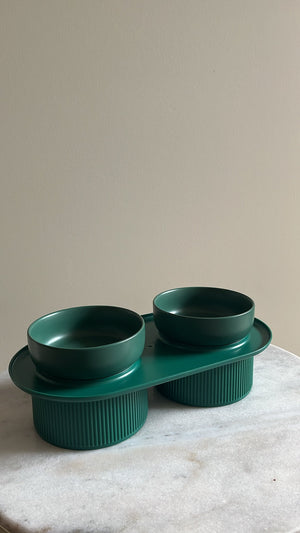 Pre Order - Ribbed Ceramic Double Pet Bowl 3pc Set - Emerald-5