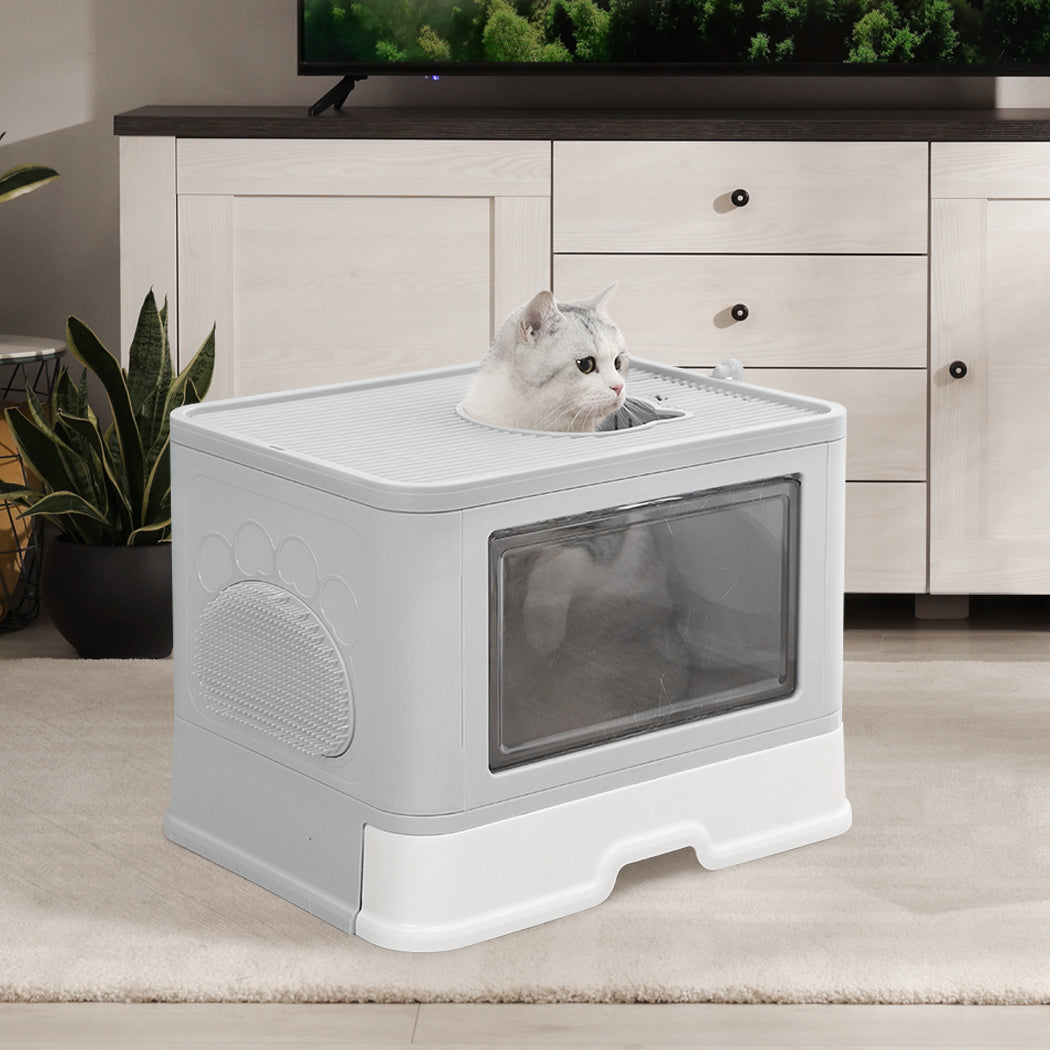 Grooming Foldable Enclosed Cat Litter Box in Grey-6