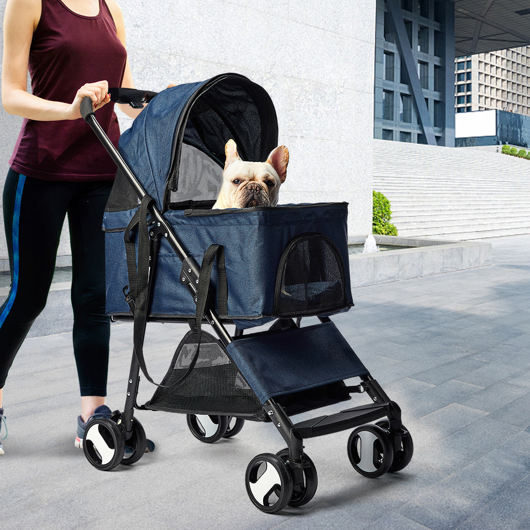 Large Travel Foldable Pushchair Pet Stroller 3 in 1 -  Blue-6