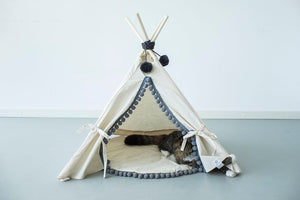 Natural Canvas Cotton Pom Pom Pet Teepee in Cream & Grey-0