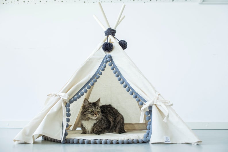 Natural Canvas Cotton Pom Pom Pet Teepee in Cream & Grey-3