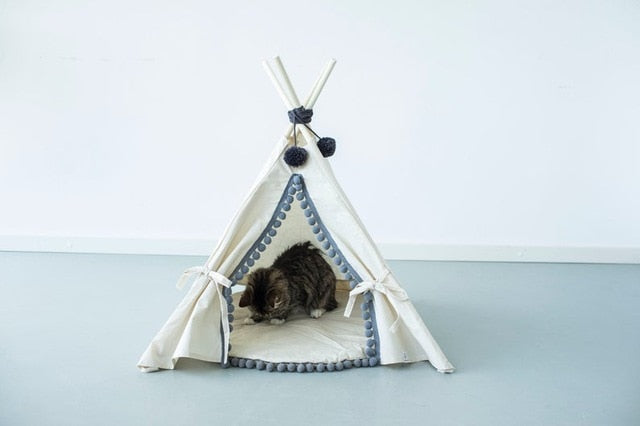 Natural Canvas Cotton Pom Pom Pet Teepee in Cream & Grey-6