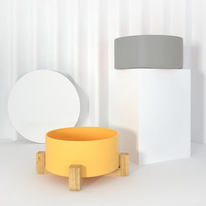 Ceramic Bowl with Wooden Stand in Yellow-2